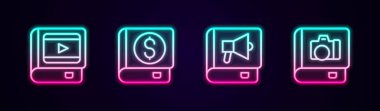 Set line Book about cinema, Financial book,  and Photo album gallery. Glowing neon icon. Vector