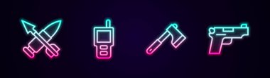 Set line Crossed bullet with arrow, Walkie talkie, Wooden axe and Pistol or gun. Glowing neon icon. Vector