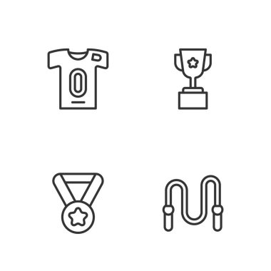 Set line Jump rope, Medal, Football jersey and t-shirt and Award cup icon. Vector