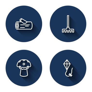 Set line Wooden log, Garden rake, Mushroom and Kite with long shadow. Blue circle button. Vector
