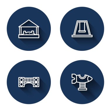 Set line Sandbox with sand, Swing for kids, Playground bridge and plane with long shadow. Blue circle button. Vector