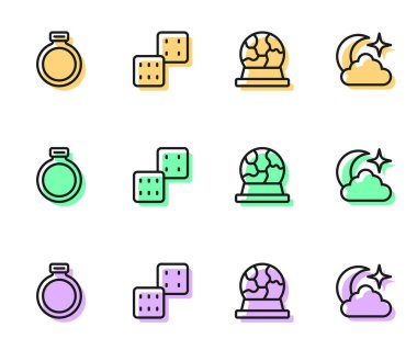 Set line Magic ball, stone ring, Game dice and Moon and stars icon. Vector