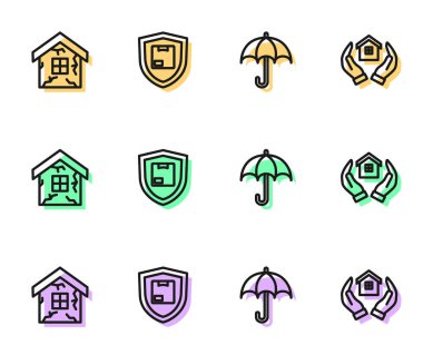 Set line Umbrella, House, Delivery security with shield and in hand icon. Vector