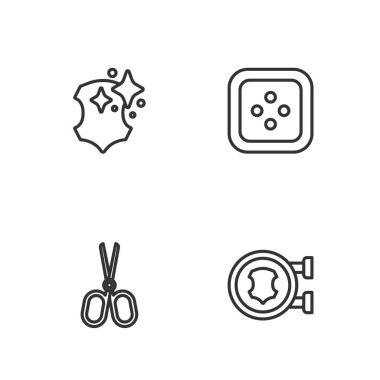Set line Leather, Scissors,  and Sewing button for clothes icon. Vector