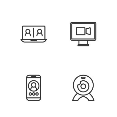 Set line Web camera, Video chat conference,  and  icon. Vector