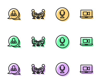 Set line Microphone, Speech bubble chat, Meeting and Video conference icon. Vector