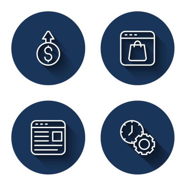 Set line Financial growth dollar, Online shopping on screen, Advertising and Time management with long shadow. Blue circle button. Vector