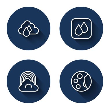 Set line Cloud with rain, Water drop, Rainbow cloud and Moon phases with long shadow. Blue circle button. Vector