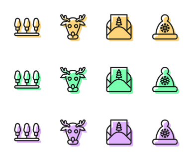 Set line Envelope, Christmas lights, Reindeer and Santa Claus hat icon. Vector