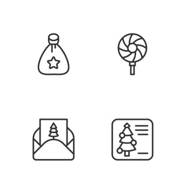 Set line Christmas postcard, Envelope, Santa Claus bag gift and Lollipop icon. Vector