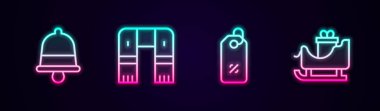 Set line Christmas ringing bell, Winter scarf, Discount percent tag and santa claus sleigh. Glowing neon icon. Vector