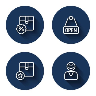 Set line Cardboard box with discount, Hanging sign text Open, Carton cardboard and Happy customer with long shadow. Blue circle button. Vector