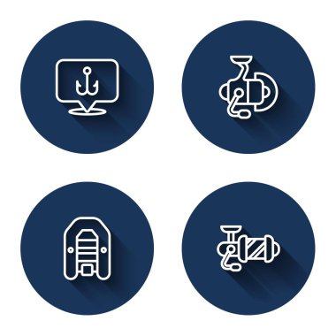 Set line Fishing hook, Spinning reel for fishing, Inflatable boat with motor and  with long shadow. Blue circle button. Vector