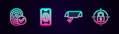 Parmak izi, parmak izi tarayıcısı, güvenlik kamerası ve kilitle. Parlayan neon ikonu. Vektör