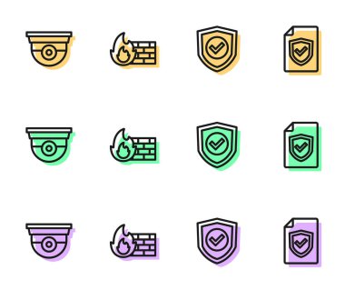 Set line Shield with check mark, Security camera, Firewall, security wall and Contract shield icon. Vector