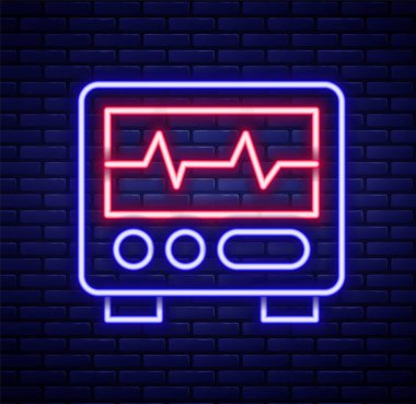 Glowing neon line Computer monitor with cardiogram icon isolated on brick wall background. Monitoring icon. ECG monitor with heart beat hand drawn. Colorful outline concept. Vector