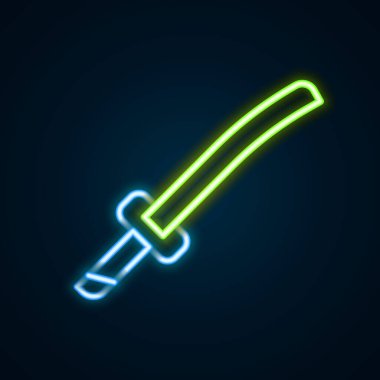 Parlayan neon hattı Geleneksel Japon katana simgesi siyah arkaplanda izole edildi. Japon kılıcı. Renkli taslak konsepti. Vektör