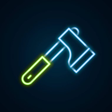 Parlayan neon hattı tahta balta ikonu siyah arkaplanda izole edildi. Oduncu baltası. Renkli taslak konsepti. Vektör