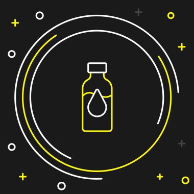 Çizgi yağı petrol test tüpü simgesi siyah arkaplanda izole edildi. Komiklik şişesi ve düşen damla. Renkli taslak konsepti. Vektör