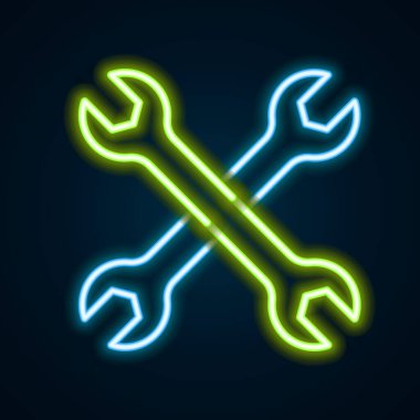 Parlayan neon çizgi anahtarı simgesi siyah arkaplanda izole edildi. Anahtar tamir aleti. Servis aracı sembolü. Renkli taslak konsepti. Vektör