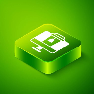 Isometric Online sipariş ve fast food dağıtım ikonu yeşil arka planda izole edildi. Yeşil kare düğmesi. Vektör