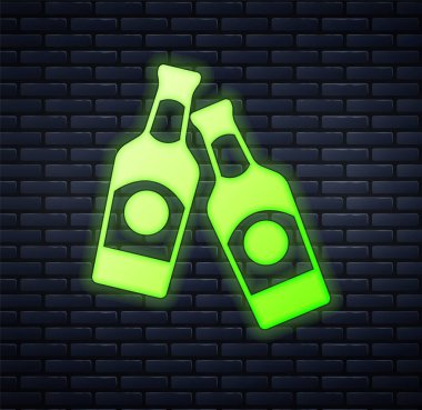 Parlayan neon bira şişesi simgesi tuğla duvar arkasında izole edilmiş. Vektör
