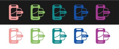 Gıda siparişini siyah beyaz arka planda izole edilmiş mobil simgeye ayarla. Cep telefonuyla sipariş verin. Restoran yemek teslimatı konsepti. Vektör