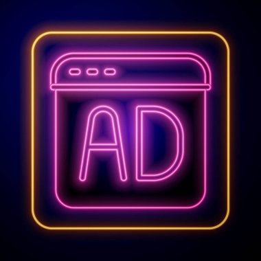 Parlayan neon reklam simgesi siyah arkaplanda izole edildi. Pazarlama ve tanıtım süreci kavramı. İlgili reklamlar. Sosyal medya reklamcılığı. Vektör