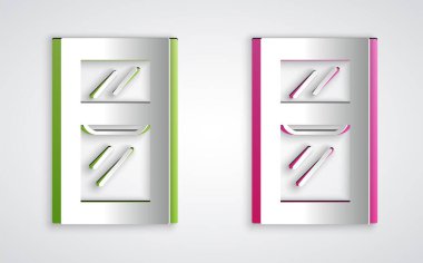 Kağıt kesiği, gri arkaplanda izole edilmiş oda simgesinde pencere. Kağıt sanatı tarzı. Vektör