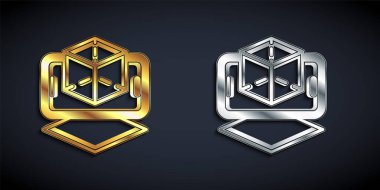 Siyah arka planda izole edilmiş altın ve gümüş 3D modelleme ikonu. Artırılmış gerçeklik mi yoksa sanal gerçeklik mi? Uzun gölge tarzı. Vektör