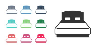 Beyaz arka planda iki ya da bir kişi için siyah büyük yatak. Simgeleri renklendirin. Vektör