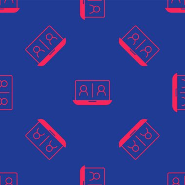 Kırmızı görüntülü sohbet konferansı simgesi mavi arkaplanda izole edilmiş kusursuz desen. Çevrimiçi iş görüşmesi formu. Uzak proje yönetimi. Vektör