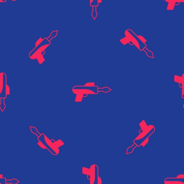 Kırmızı Balıkçı zıpkın ikonu mavi arka planda izole edilmiş kusursuz desen. Suyun altında balık yakalamak için balıkçılık üreticileri. Su altı ekipmanları. Vektör