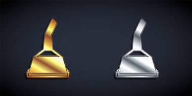 Motor yağı ikonu için altın ve gümüş teneke kutu siyah arka planda izole edildi. Benzin bidonu. Yağ değiştirme ve onarım servisi. Uzun gölge tarzı. Vektör