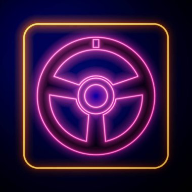 Parlayan neon yarış direksiyon ikonu siyah arka planda izole edildi. Araba tekeri ikonu. Vektör