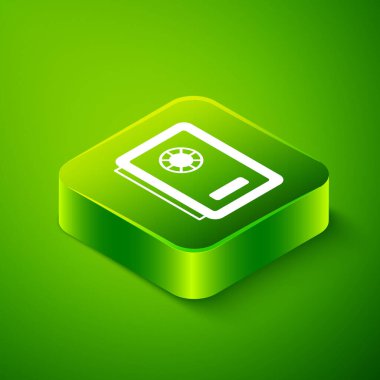 Yeşil arkaplanda izole edilmiş Isometric Güvenli simgesi. Kapı, şifreli bir banka kasası. Güvenilir Veri Koruma. Yeşil kare düğmesi. Vektör