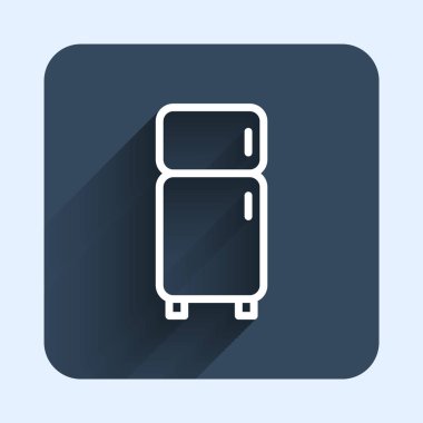 Beyaz çizgi buzdolabı simgesi uzun gölge arkaplanı ile izole edilmiş. Buzdolabı buzdolabı. Ev aletleri ve aletler. Mavi kare düğme. Vektör