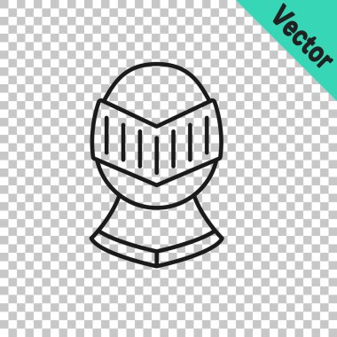 Siyah çizgi Ortaçağ demir miğferi, şeffaf arka planda izole edilmiş kafa koruma ikonu. Şövalye miğferi Vektör
