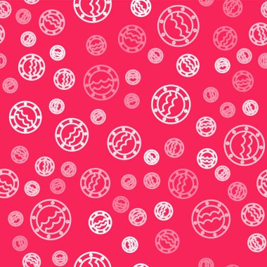 White line Ship porthole with rivets and seascape outside icon isolated seamless pattern on red background.  Vector