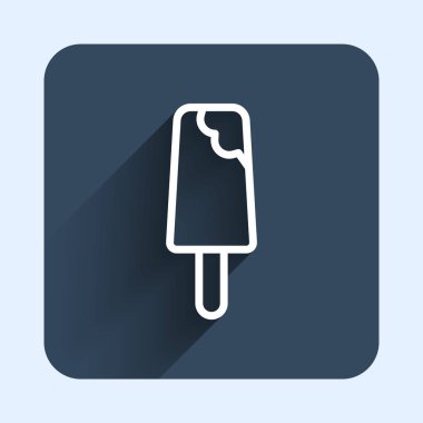 Beyaz çizgi dondurma ikonu uzun gölge arkaplan izole. Güzel sembol. Mavi kare düğme. Vektör