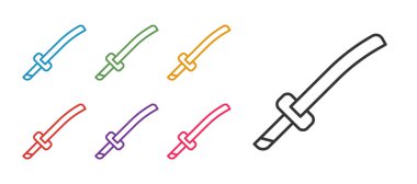 Geleneksel Japon katana simgesini beyaz arkaplanda izole et. Japon kılıcı. Simgeleri renklendirin. Vektör