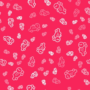 Beyaz çizgi taksisi bekleme zamanı simgesi kırmızı arkaplanda izole edilmiş. Araba teslimatı, program gezisi. Vektör