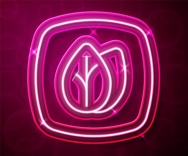 Parlayan neon hattı Yaprak simgesi kırmızı arkaplanda izole edildi. İşaret bırakıyor. Taze doğal ürün sembolü. Vektör