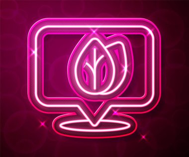 Parlayan neon çizgisi lokasyon iğnesi ve kırmızı arkaplanda yaprak izole edilmiş. İşaret bırakıyor. Taze doğal ürün sembolü. Vektör