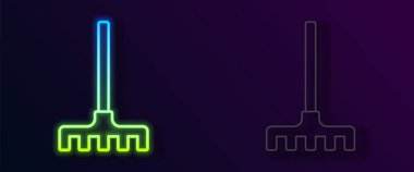 Parlayan neon çizgisi tırmık simgesi siyah arkaplanda izole edildi. Bahçecilik, tarım, çiftçilik aleti. Toprak işçisi. Temizlik ekipmanları. Vektör