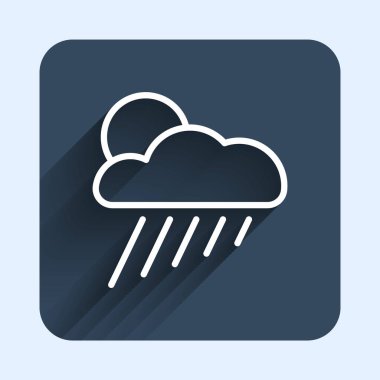 White line Cloud with rain and sun icon isolated with long shadow background. Rain cloud precipitation with rain drops. Blue square button. Vector