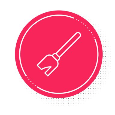 White line Witches broom icon isolated on white background. Happy Halloween party. Red circle button. Vector