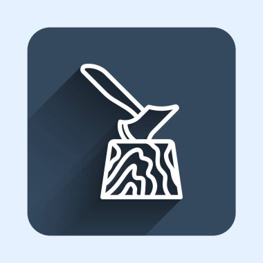 White line Wooden axe in stump icon isolated with long shadow background. Lumberjack axe. Axe stuck in wood. Chopping wood. Blue square button. Vector
