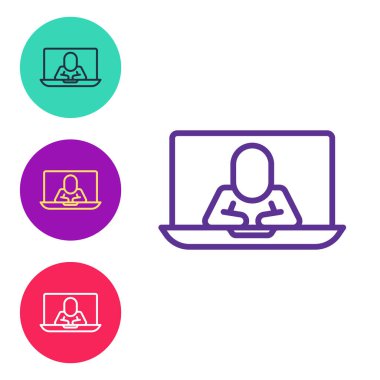 Beyaz arkaplanda görüntülü sohbet simgesini ayır. Çevrimiçi iş görüşmesi formu. Uzak proje yönetimi. Simgeleri renklendirin. Vektör