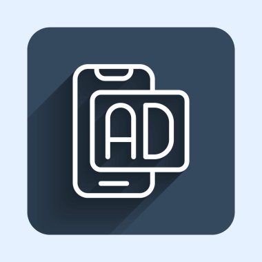 Beyaz çizgi reklam simgesi uzun gölge arkaplanı ile izole edildi. Pazarlama ve tanıtım süreci kavramı. İlgili reklamlar. Sosyal medya reklamcılığı. Mavi kare düğme. Vektör